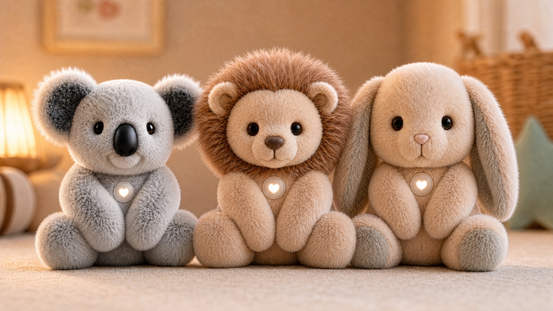 Die drei CooGoo-Plüschtiere KoKo der Koala, Lolo der Löwe und Sasa der Hase sitzen nebeneinander im Kinderzimmer, jedes mit leuchtendem Herzknopf