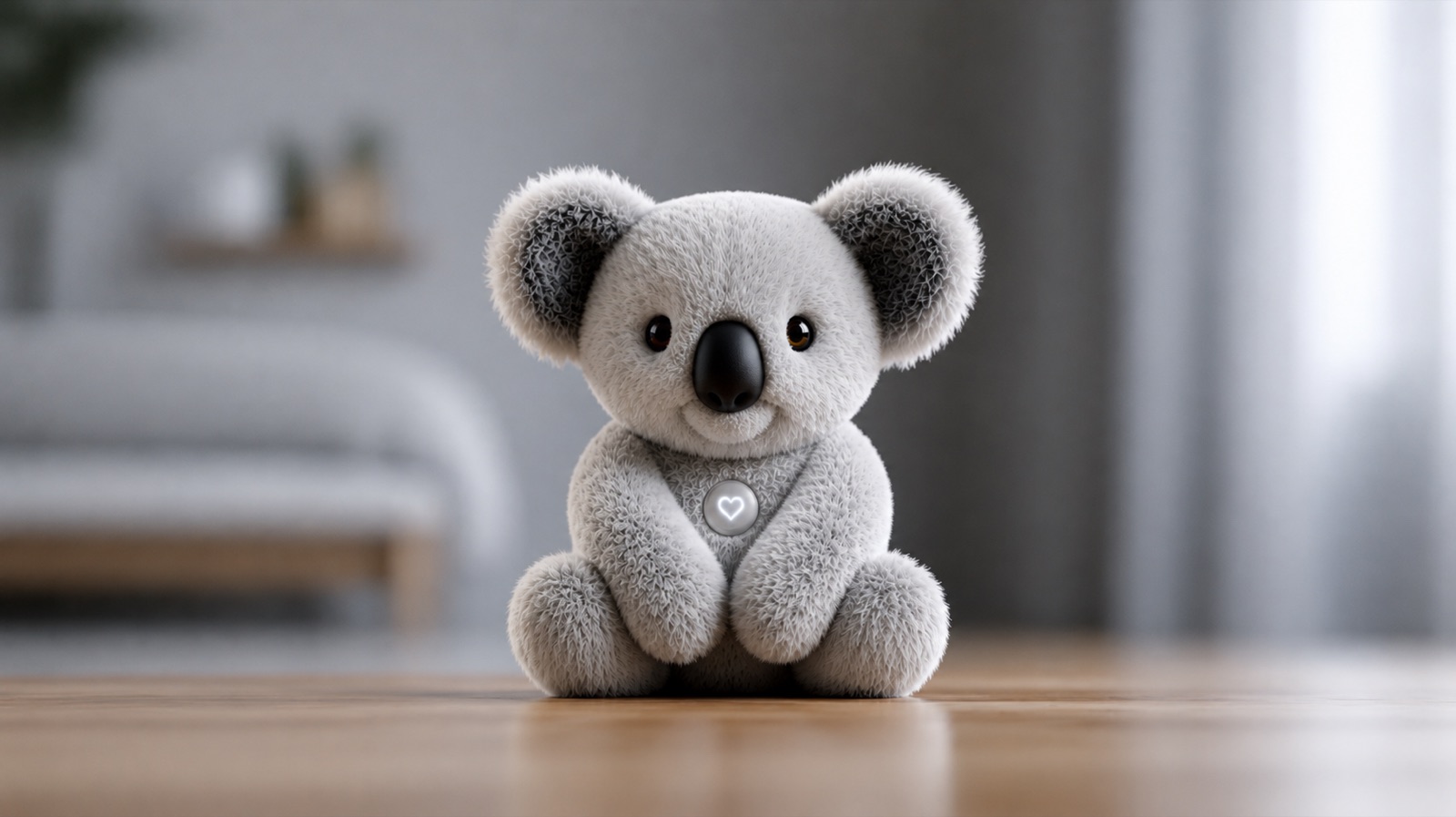 Plüsch-Koala KoKo sitzt auf einem Holzboden, auf der Brust leuchtet ein kleiner Herzknopf